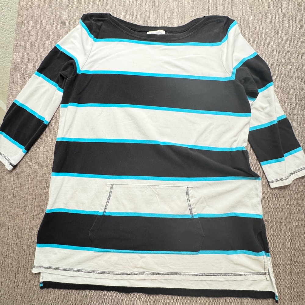 Liz Claiborne Weekend Striped Tunic Top Black Blue White Kangaroo Pocket Large